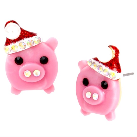 New Betsey Johnson HOLIDAY WHIMSY SANTA PIG STUDS PINK - Picture 1 of 6